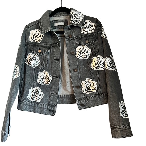 Bagatelle Denim‎ Jacket XS Gray Rose Applique Jean Trucker Coat